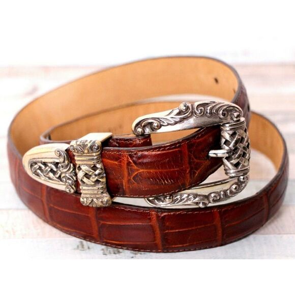 Brighton CROCO EMBOSSED BROWN GENUINE LEATHER 1"Wd CASUAL WOMEN'S BELT Sz M (*16 - Picture 1 of 8